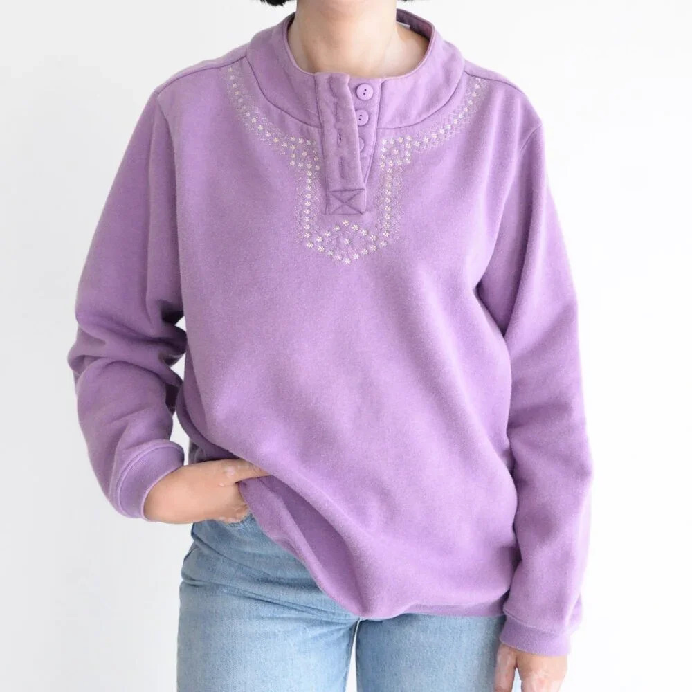 Vintage Blair Lavender Floral Embroidered Collar Button Cottagecore Sweater L